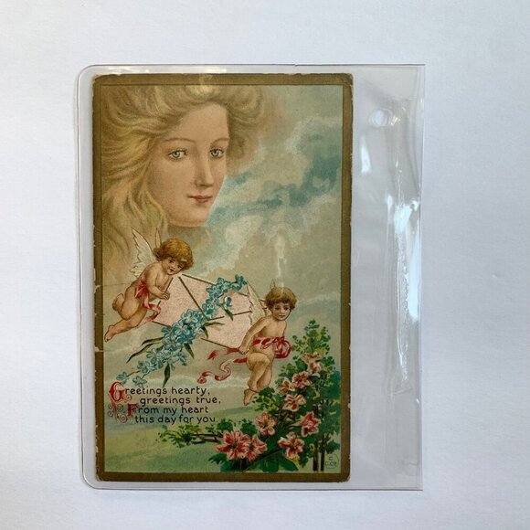 ANTIQUE 1913 Valentine's Day Postcard Stamped Cupids and Woman - Picture 1 of 3